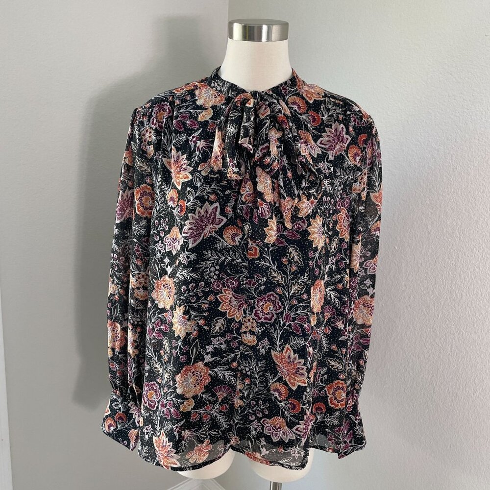 DR2 Womens‎ Plus XXL Black Floral Long Sleeve Blouse With Tie Neck Shirt Top